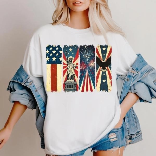 [SALE UP TO 60%] Memorial Day + 4th of July T-Shirt Sweatshirt, Retro America Graphic Tee, Statue of Liberty Floral Shirt, USA Flag Girly Patriotic