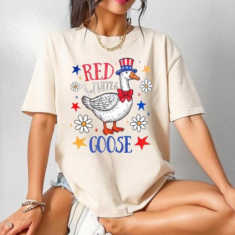 [SALE UP TO 60%] Red White and Goose T-Shirt, Sweatshirt, Funny 4th of July Shirt, Retro Boho Floral Patriotic USA Graphic for Summer Wear