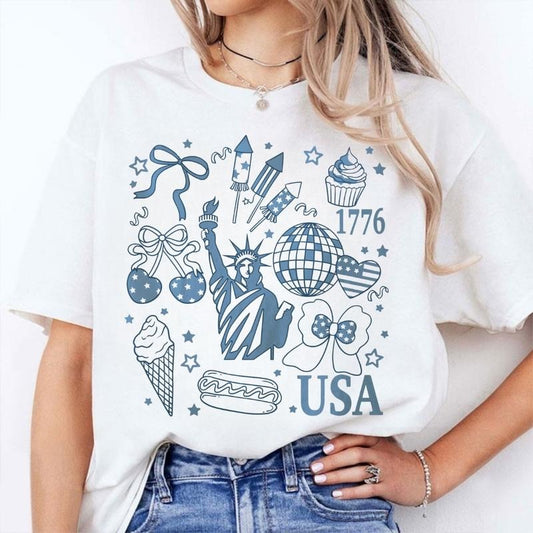 [SALE UP TO 60%] Retro America Coquette T-Shirt, Sweatshirt, Preppy 4th of July Graphic, Girly Memorial Day USA Shirt, Land of the Free Tee