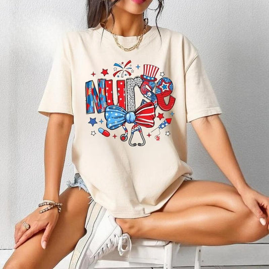 [SALE UP TO 60%] Retro Coquette Nurse T-Shirt, Sweatshirt, Patriotic USA Graphic, Memorial Day and 4th of July Shirt for American Nurse Life