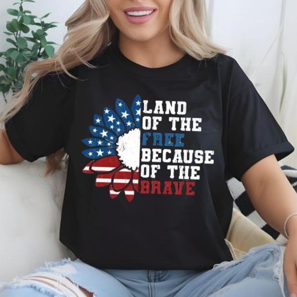 [SALE UP TO 60%] USA Sunflower Flag T-Shirt Sweatshirt, Land of the Free Tee, Memorial Day And  4th of July Patriotic Shirt, American Pride Graphic Top