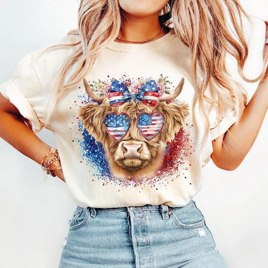 [SALE UP TO 60%] Western Highland Cow T-Shirt, Sweatshirt, 4th of July USA Graphic, American Flag Freedom Shirt for Patriotic Cowgirl Style