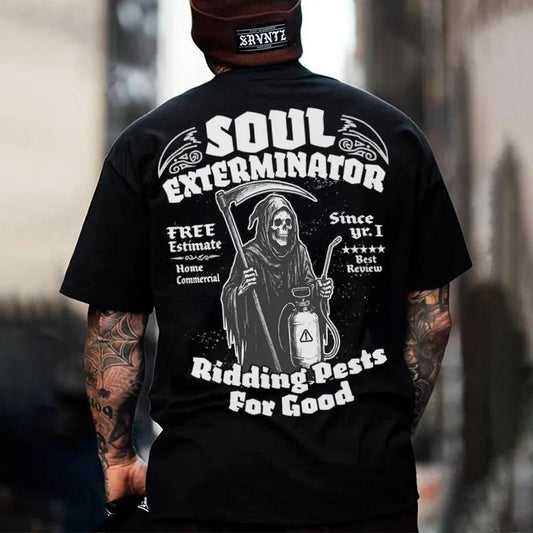SOUL EXTERMINATOR Ridding Pests For Good Skeleton Print Men's T-Shirt