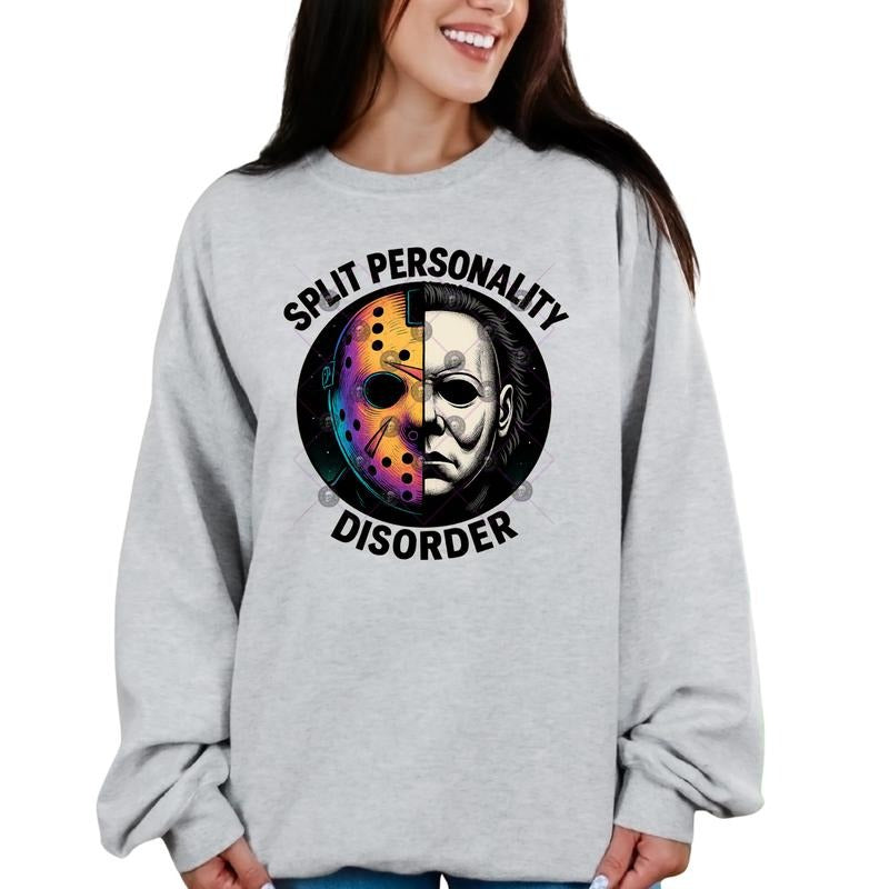 SPLIT PERSONALITY Halloween CHARACTERS BOOGEYMAN Grunge Skulls Cotton Crewneck Sweatshirt Hoodie Casual All Seasons Women's Graphic Top Pullover Streetwear Style Vintage Crew Neck Graphic Design Comfortable Machine Washable Womenswear Statement