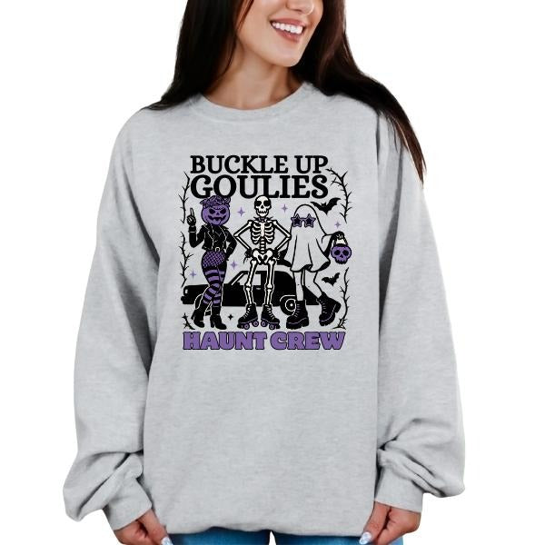SWEATSHIRTS - Buckle Up Goulies Haunt Crew Design Women's Long Sleeve Gray Hoodie with Ghost Skeleton Graphic for Spooky Season