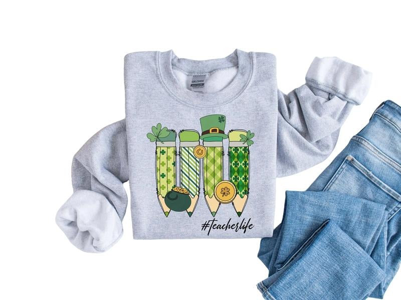 Saint Patricks Day Teacher Sweatshirt, St Paddys Day Teacher Sweater, Irish Teacher Gifts, St Patrick's Day Patty's Day Sweatshirt, Gift For Her Him, Funny St Patricks Day Gifts Sweater, Long Sleeve Tee Crewneck Classic Menswear