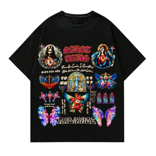 Saint Tears Gothic Y2K T-Shirt - Jesus & Angel Wings Christian Aesthetic Tee