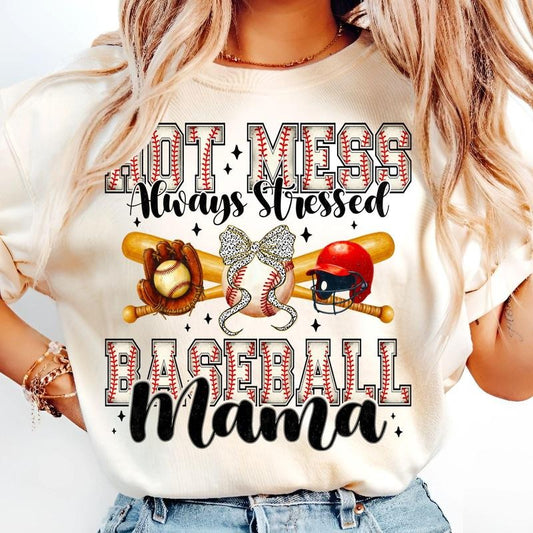[Sale To 45% Off] Hot Mess Always Stressed Baseball Mama T-Shirt, Trendy Game Day Sports T-Shirt, Baseball Mom Bow T-Shirt, Funny Ballpark Cheer Art, Gift Ideas