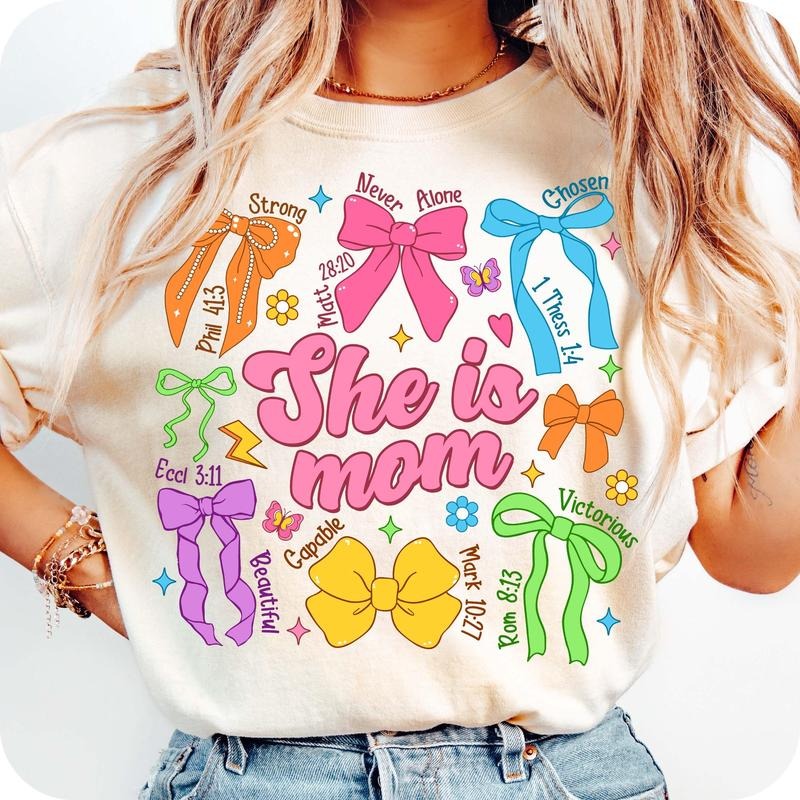 [Sale To 45% Off] Mom Coquette Bow T-Shirt, She Is Mom Shirt, Bible Verses Shirt, Mom T-Shirt, Blessed Mom Shirt, Empowered Women T-Shirt
