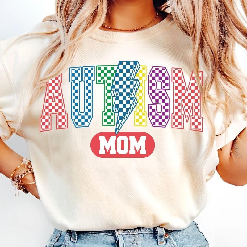 [Sale To 45% Off] Retro Checkered Autism T-Shirt, Varsity Letters, Awareness Bow, Autism Mom T-Shirt, Mama, Neurodiversity Shirt