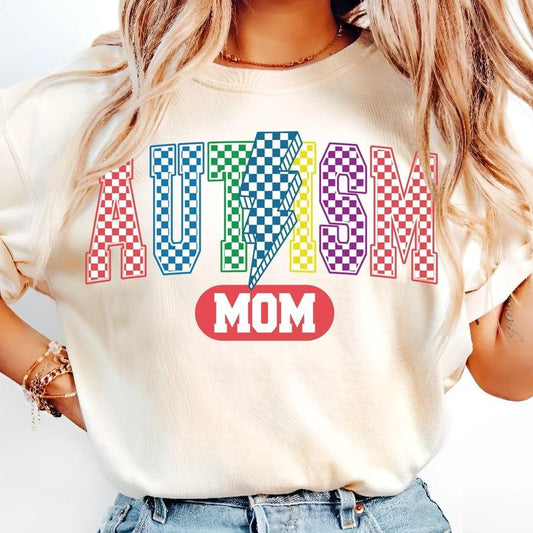 [Sale To 45% Off] Retro Checkered Autism T-Shirt, Varsity Letters, Awareness Bow, Autism Mom T-Shirt, Mama, Neurodiversity Shirt