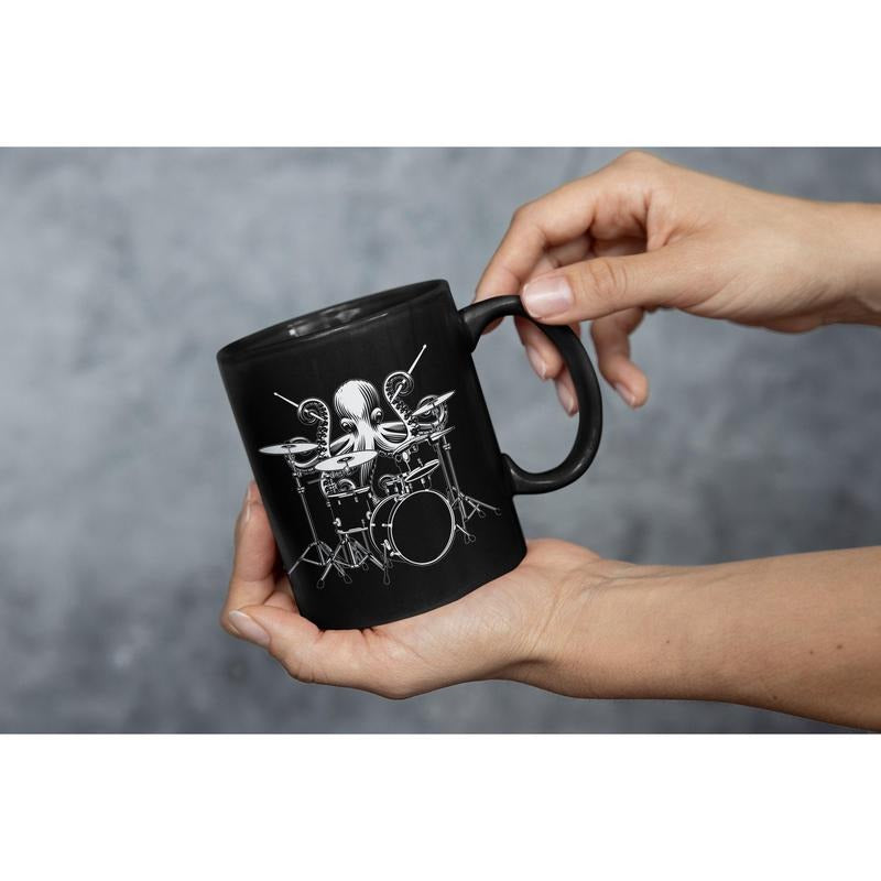 [Sale Up To 50%] Octopus Drumming Mug, Funny Black 11oz Music Lover Coffee Cup