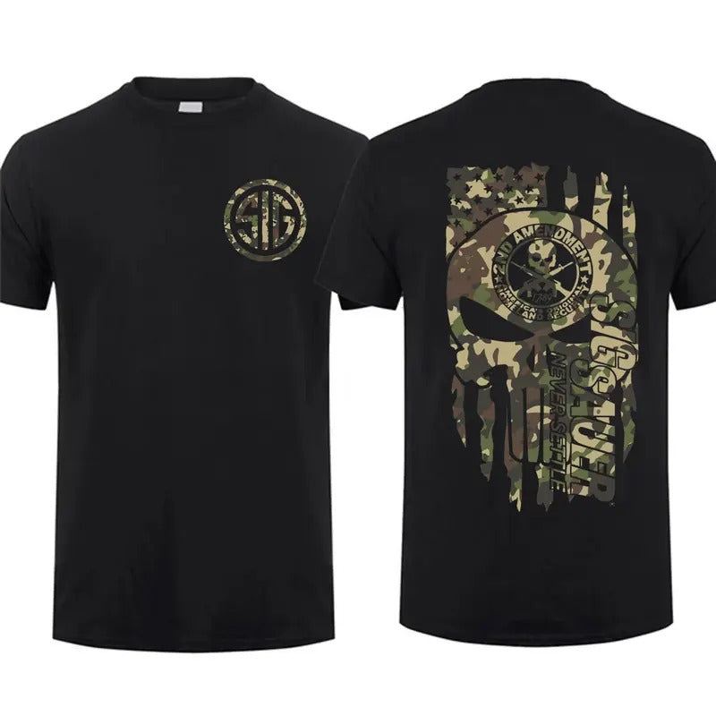 [Sale Up To 60%] 2025 Top Sig Sauer American Skull Flag With Camo T-shirt Unisex Short Sleeve Casual 100% Cotton Top Menswear Tactical Gear Gun Lover