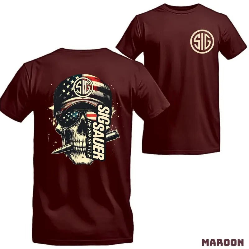[Sale Up To 60%] Sig Sauer Skull American Flag 2-sided Shirt Full Color Unisex Tactical Tee For Men Women Menswear Tshirt Casual Tropical Shortsleeve