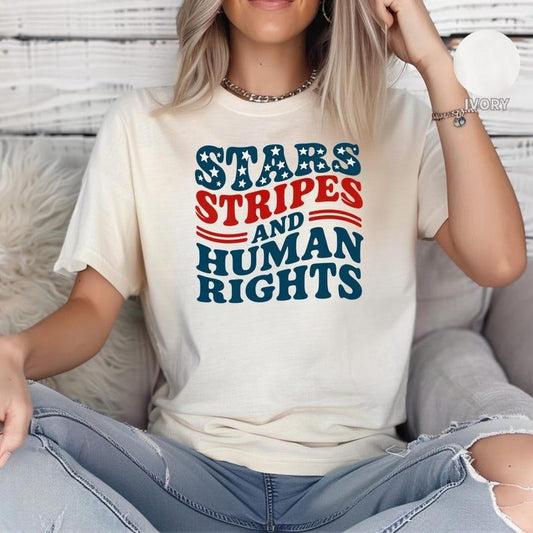 [Sale up to 30%] Stars Stripes And Human Rights_Shirt, Retro 4th Of July T-shirt, Liberal Feminist American Shirt, Patriotic Women Gift