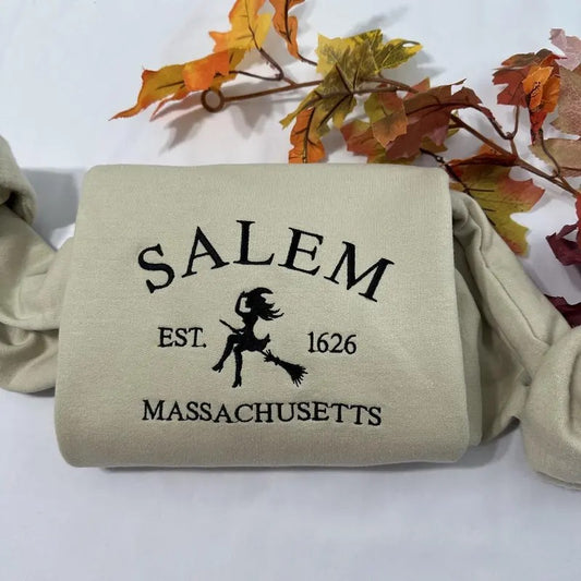 Salem Massachusetts Halloween embroidered sweatshirt; Spooky season embroidered crewneck ; Casual Halloween Salem sweatshirt