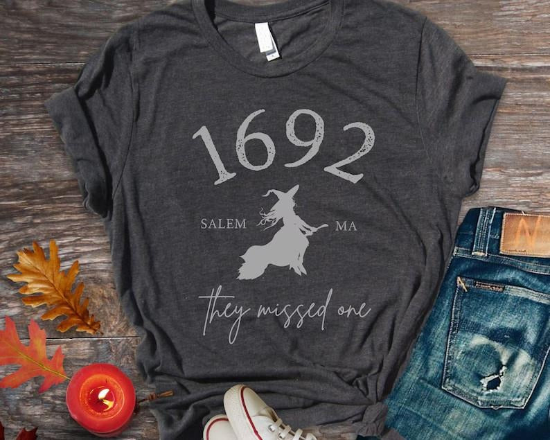 Salem Witch Shirt 1692 They Missed One Halloween Gift T-Shirt, Casual Crewneck with Ghost Design, Spooky Season Gift for Men - Sand