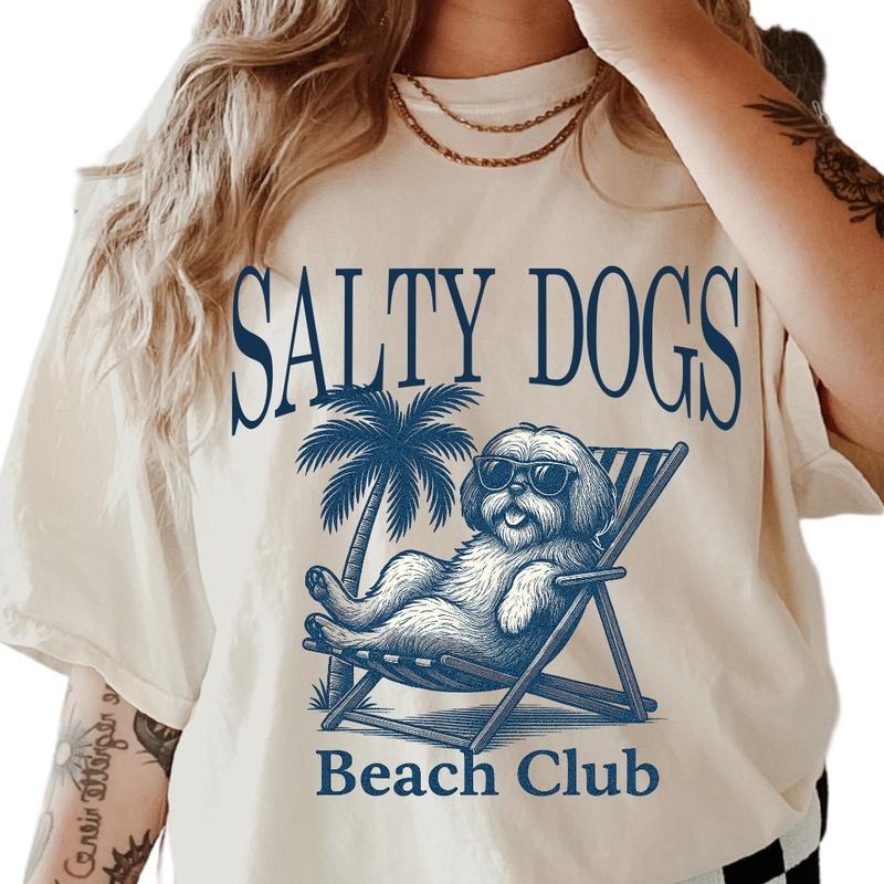 Salty Dogs Beach Club Shih Tzu Shirt ~ Unisex Apparel Relaxed Fit Printed In The USA Clothing Womenswear Casual Comfort Cotton Top Athletic Boho Chic