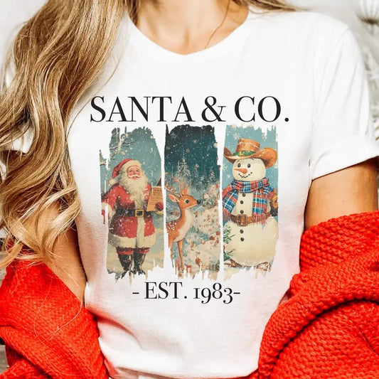 Santa & Co Christmas Tees Retro Frosty and Rudolph Sweatshirt Vintage Christmas T-Shirt Holiday Santa Clause Top Womens Christmas Shirts Snowman Tees