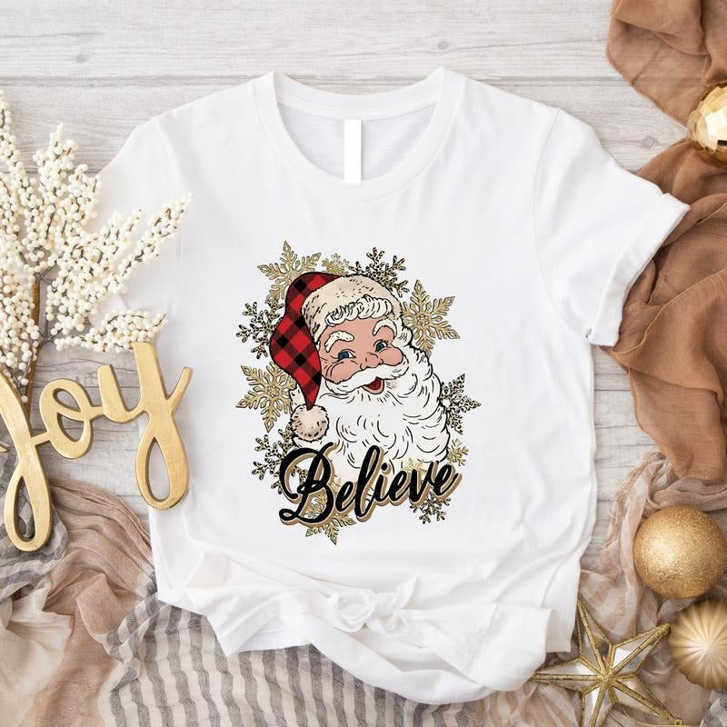 Santa Believe Shirt, Trendy Christmas Shirt, Leopard Santa Tee, Holiday Shirt, Cute Santa Tee, Xmas Gift Shirt For Her.