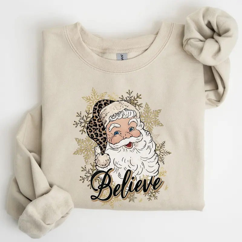 Santa Believe, Retro, Snowflakes, Christmas, Winter, Snow, Xmas Sweatshirt, Women's Crew Neck, Crewneck