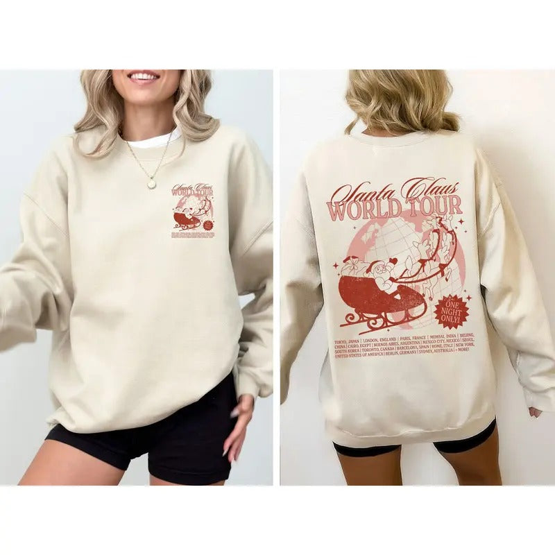 Santa Claus World Tour, Red, Christmas, Sleigh, Reindeer, Magic, Winter, Xmas Sweatshirt, Women's Crew Neck, Crewneck
