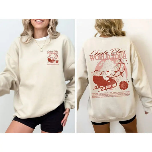 Santa Claus World Tour, Red, Christmas, Sleigh, Reindeer, Magic, Winter, Xmas Sweatshirt, Women's Crew Neck, Crewneck