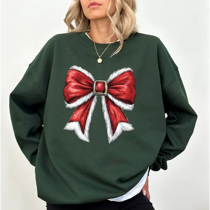 Santa Coquette Bow Sweatshirt, Girly Christmas Coquette Bow Crewneck, Cute Santa Claus Bow Crewneck for Girls, Christmas Season Sweater, Red Coquette Tops for Women, Vintage Xmas Sweatshirt, Comfy Long Sleeve Pullover, Cute Women's Tops, Casual Womenswear