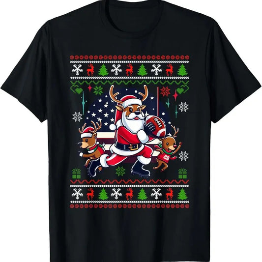 Santa Reindeer Play American Football Ugly Christmas Sweater T-Shirt