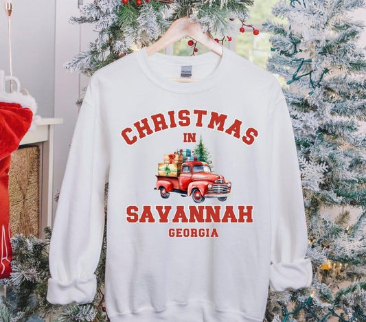 Savannah Vintage Sweatshirt, Savannah Christmas Sweater, Georgia Sweatshirt, Red Truck, Christmas Trip Sweatshirt, Savannah Trip,Family trip  T-shirt, sweater and Hoodie