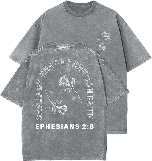 Saved By Grace Through Faith Unisex Washed T-Shirt, Christian Tshirts, Vintage 90s Graphic Tee, Gift Top Womenswear Cotton Mineral Color
