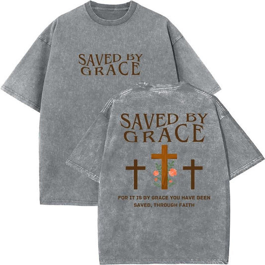 Saved By Grace Unisex Washed T-Shirt, Christian Tshirts, Vintage 90s Graphic Tee, Gift Top Womenswear Cotton Mineral Color