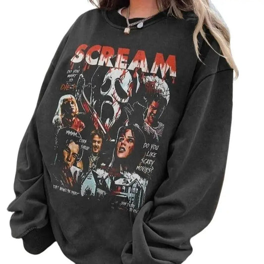 Scream Vintage Halloween Sweatshirt, Halloween Shirt, Ghostface Sweatshirt, Halloween Party Matching Shirt Womenswear Bottom Collar Fabric