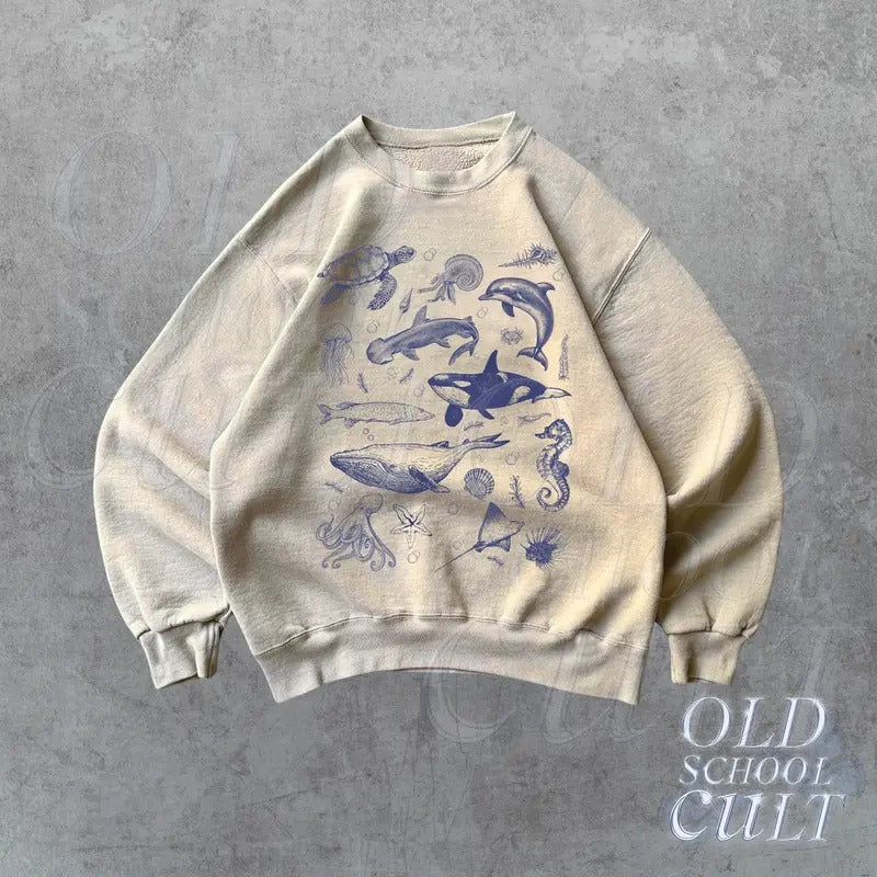 Sea Animals Ocean Vintage Sweatshirt, Retro Ocean Graphic Sweater, Whale, Orca, D.olp.h.in, Beach Hoodie, Ocean Lovers T-shirts, Crewnecks, Hoodies – Gifts Suitable for Anyone