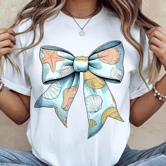 Seashell Coquette Bow Shirt, Summer Retro Beach Bow Tee, Seashell Coquette Beach Shirt, Summer Girly Coquette Bow Gift for Her