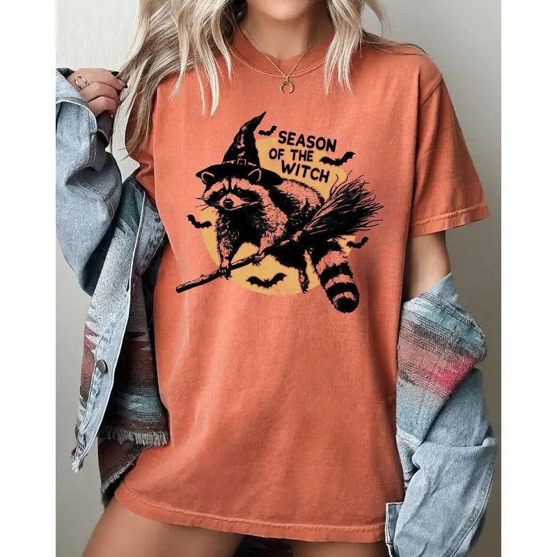 Season Of The Witch, Cute Raccoon, Halloween, Meme, Bats, Moon, Spooky, Feral Shirt, Women's Comfort Color Tee, Tshirt