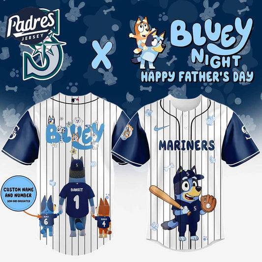 Seattle Mariners MLB x Bluey Happy Fathers Day Custom Baseball Jersey - Padres Jersey Oasis: Elevate Your Baseball Style Game