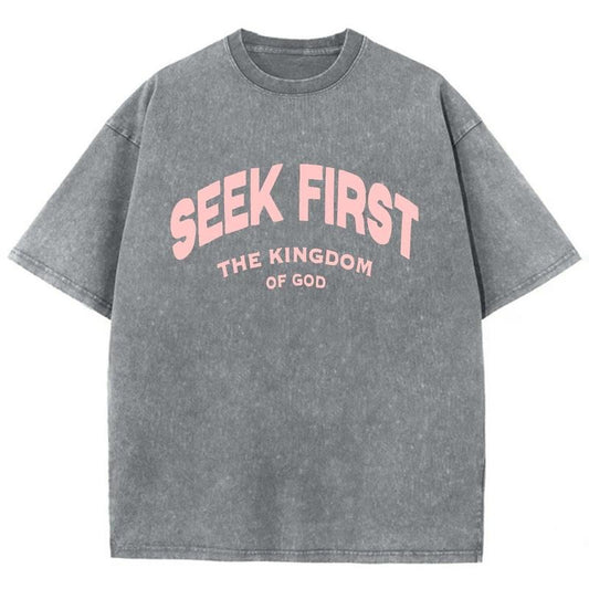 Seek First Unisex Washed Unisex Washed T-Shirt, Christian Tshirts, Christian Jesus  shirts, Vintage 90s Graphic Tee Gift Cotton Top Womenswear, Mineral color