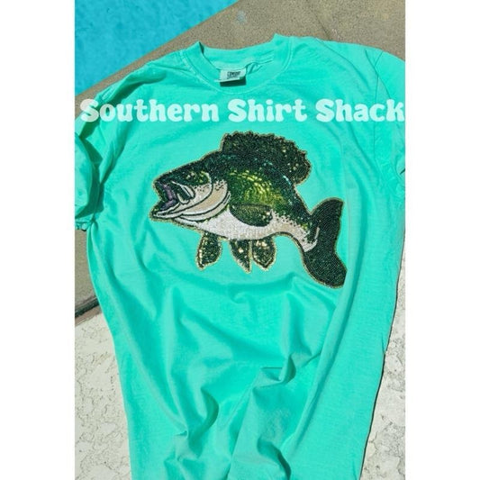 Sequin Bass Patch T shirt  | Fishing life  T shirt | island reef comfort colors t shirt | Bass Fishing Shirt | Fishing Wife Shirt