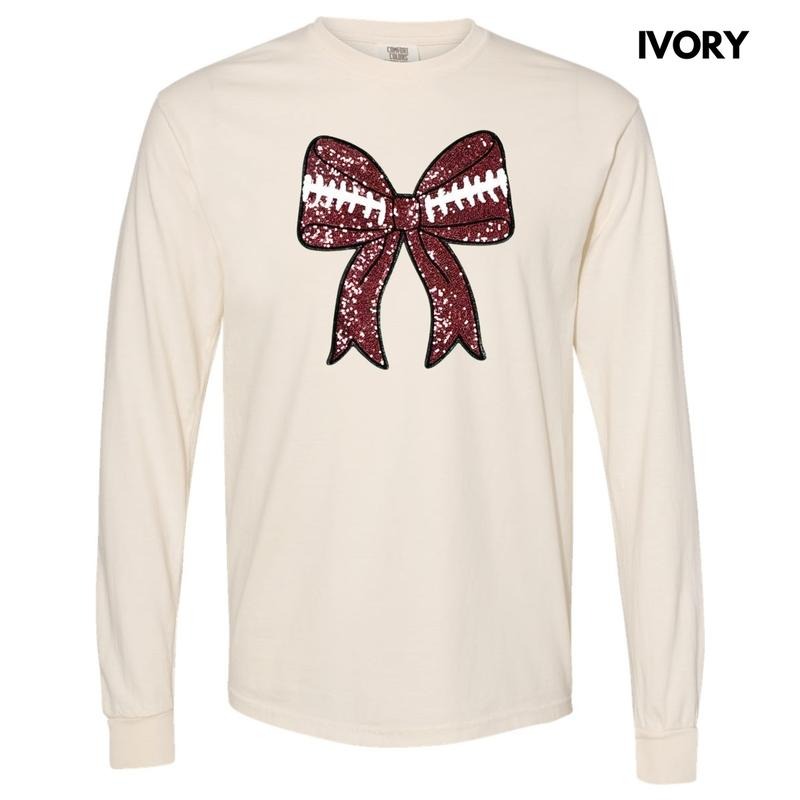 Sequin Football Bow Patch Long Sleeve Comfort Colors T-Shirt