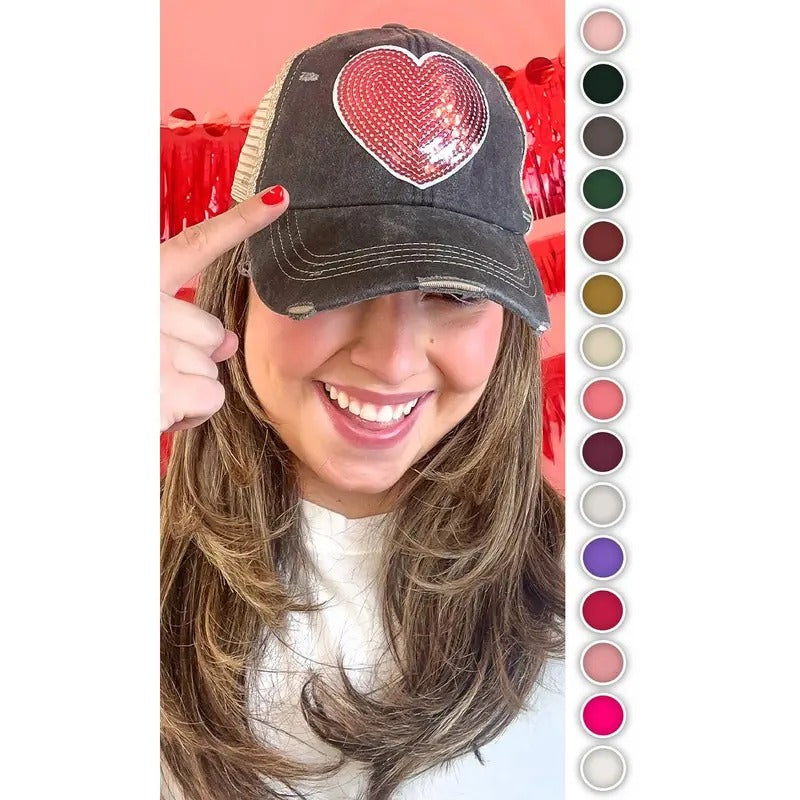 Sequin Heart Vintage Washed Hat