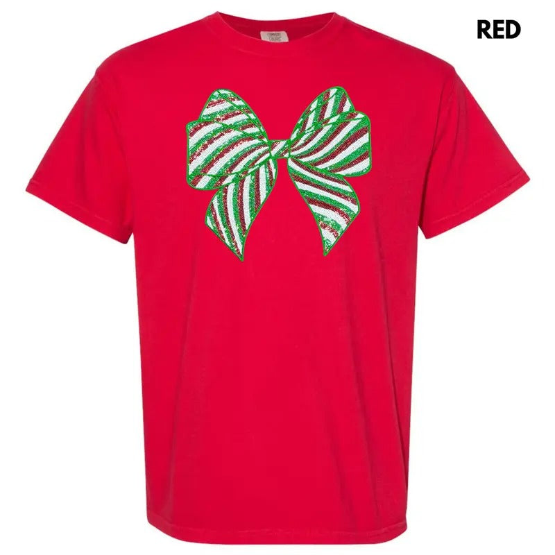 Sequin Red & Green Bow Patch Comfort Colors T-Shirt