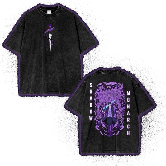 Shadow Monarch Anime Mineral Wash T-Shirt, Solo Leveling Inspired Graphic Tee, Dark Fantasy Streetwear, Year-Round Style, Easy to