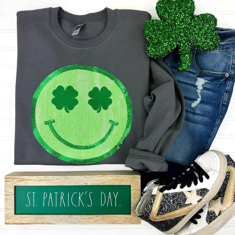 Shamrock Happy Face Patch Gildan Sweatshirt -- CHARCOAL