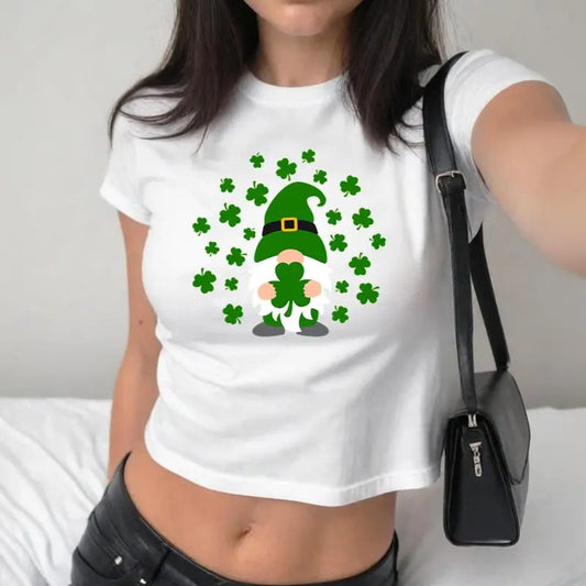 Shamrock With Gnome Baby Tee, St Patrick's Day Cute Lucky Gnome, Gnome Paddys Day, Green Gnome, Gift For Women , Y2K 2000's Style