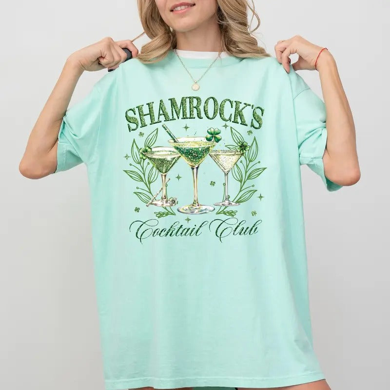 Shamrock's Cocktail Club, St Patrick's Day, Shamrock, Clover, Lucky, Leprechaun Tshirt, Women's Comfort Colors Tee