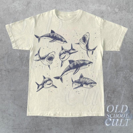 Sharks Vintage Tattoo Style T-Shirt, Shark Ocean Graphic T-shirt, Ocean Sea Animal Graphic Shirt, Vintage Sea Life Unisex Adult Graphic Tee