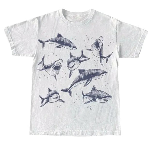 Sharks Vintage Tattoo Style T-Shirt, Shark Ocean Graphic T-shirt, Vintage Sea Life Unisex Adult Graphic Tee, Ocean Sea Animal Graphic Shirt Menswear Top Shortsleeve