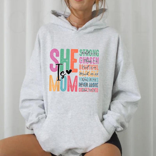 She Is Mom Christian Mothers Day Jesus Hoodie Casual Street Style Fleece Fabric Pullover Hooded Sweatshirt for Women for Men, Perfect Gift