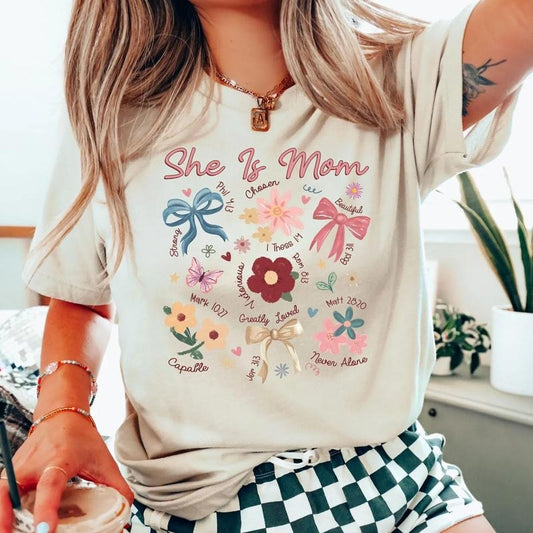 She Is Mom Shirt, Coquette Praying Mama Shirts, Religious Mom Sweatshirt, Floral Mother's Day T-Shirt,Blessed Mom Bow Tee, Mother's Day Shirt